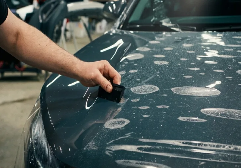 PPF paint protection film application on car hood — Wrap My Ride Putte