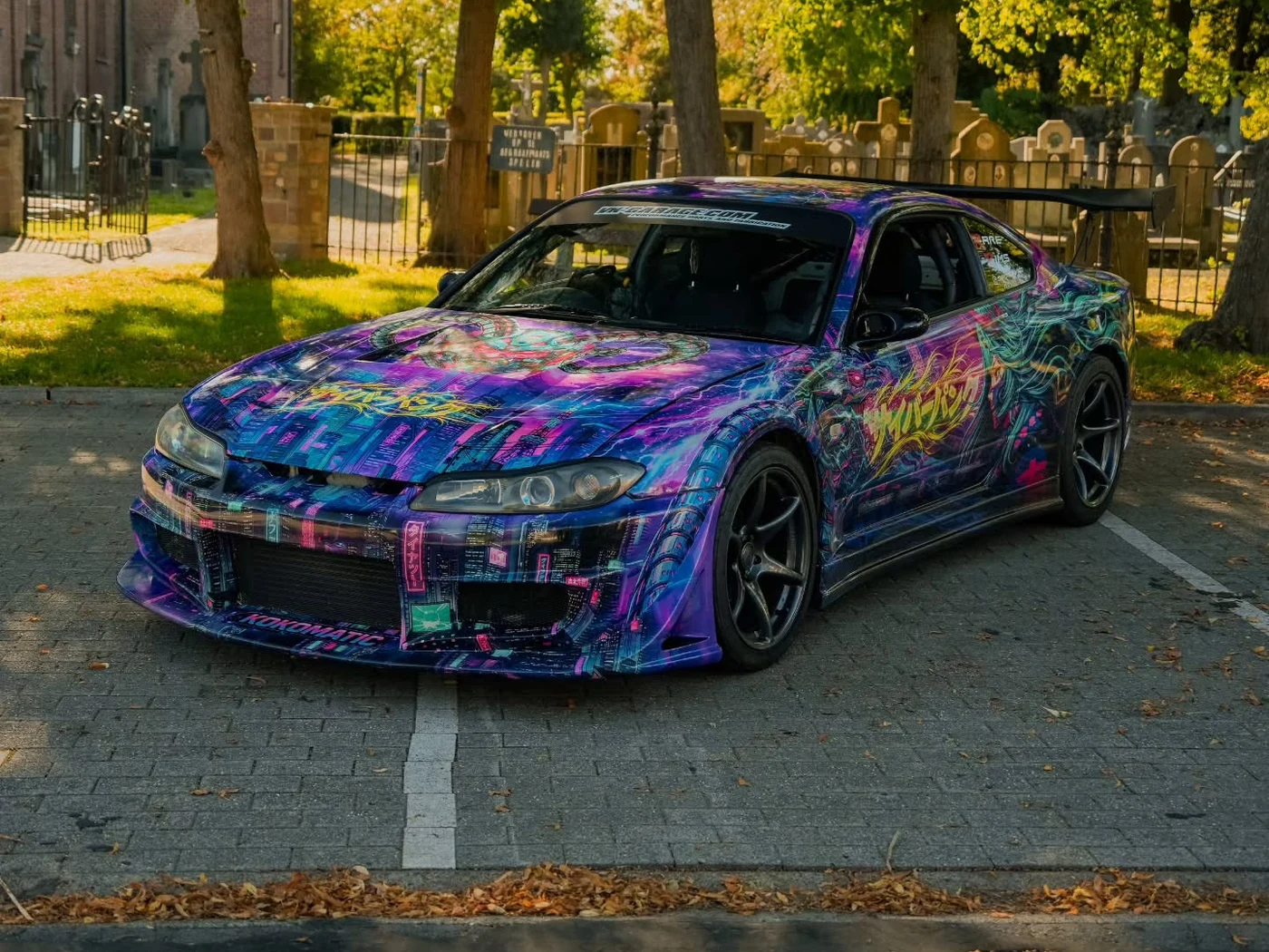 Nissan Silvia S15 cyberpunk custom livery wrap — voorkant — FRD × WMR