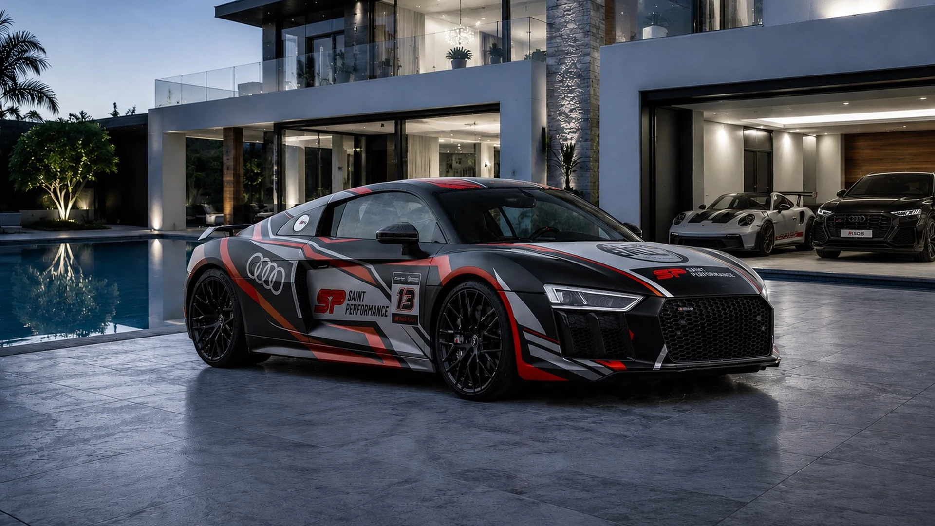 Audi R8 custom racing livery voor Saint Performance — Frank Ricci Design × Wrap My Ride