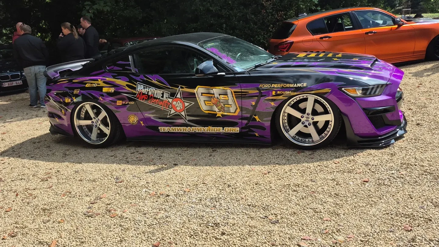 Ford Mustang S550 The Tiki custom livery wrap — zijkant op een carmeet — FRD × WMR